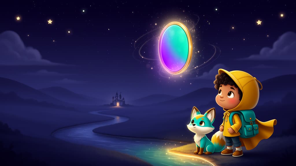 A young explorer and a friendly fox set off through a moonlit magical valley.
