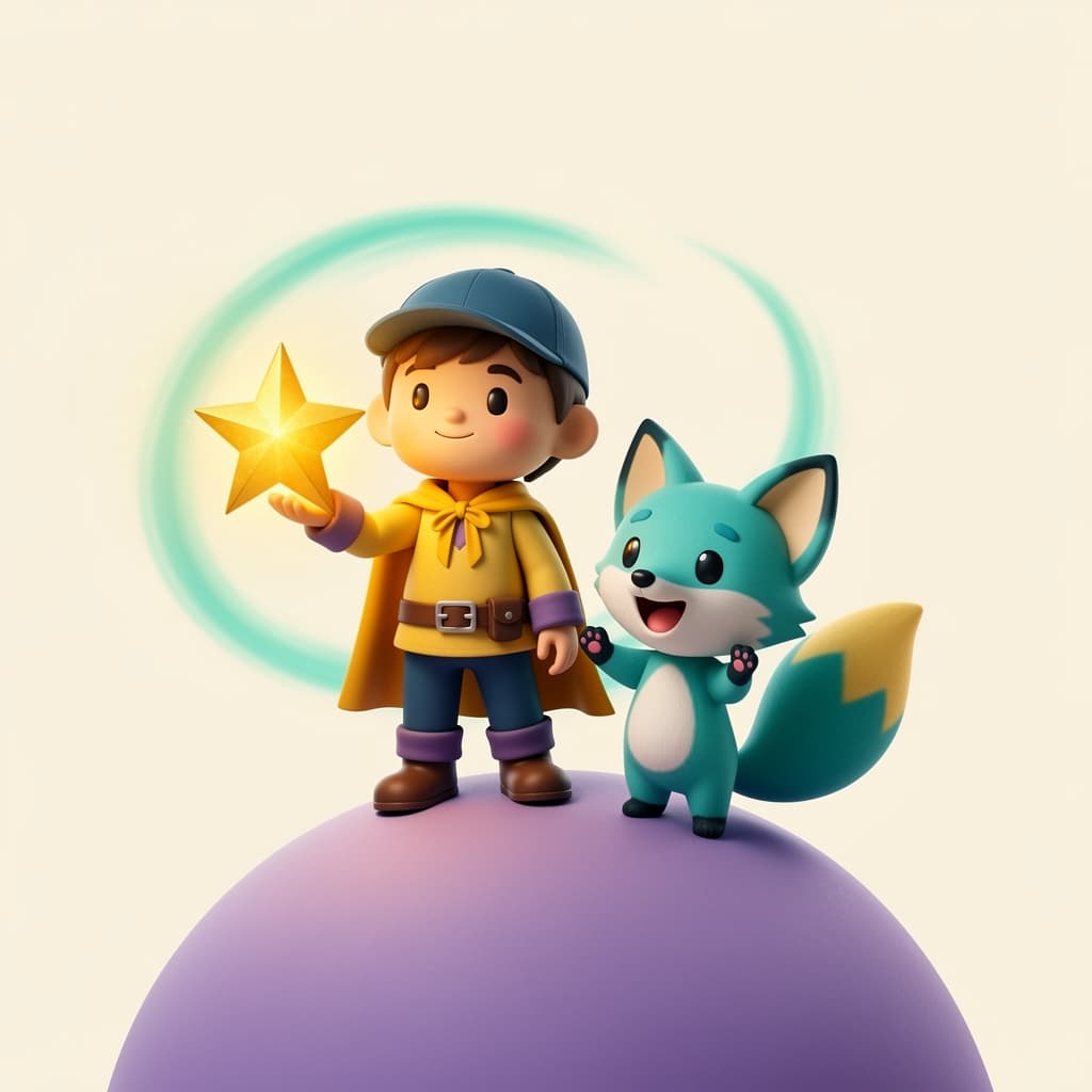 A child hero faces a glowing magical challenge with courage.